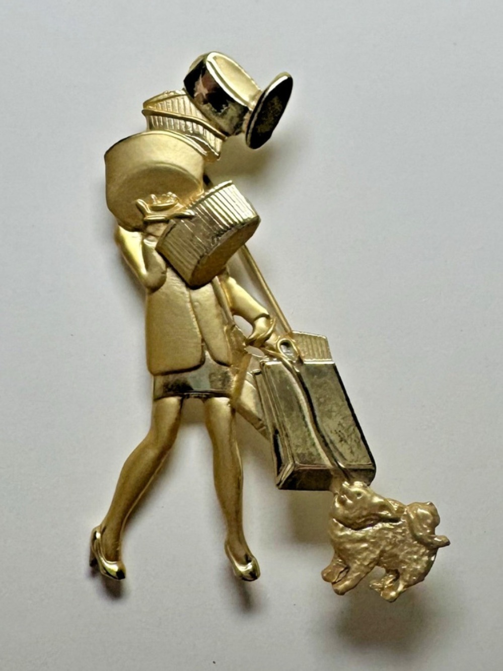 Vintage AJC 1980'S 'Shop Til You Drop' Figure & Dog Golden Matte Tone Brooch Pin